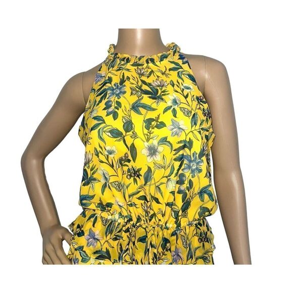 Sam Edelman Yellow Floral Sheer High Neck Peplum waist Maxi Dress - Sz 4 - Picture 3 of 10